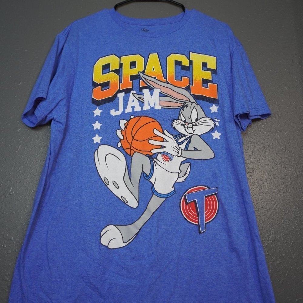 Space Jam Mens Blue Graphic Short Sleeve Distressed Vintage Shirt Size Large